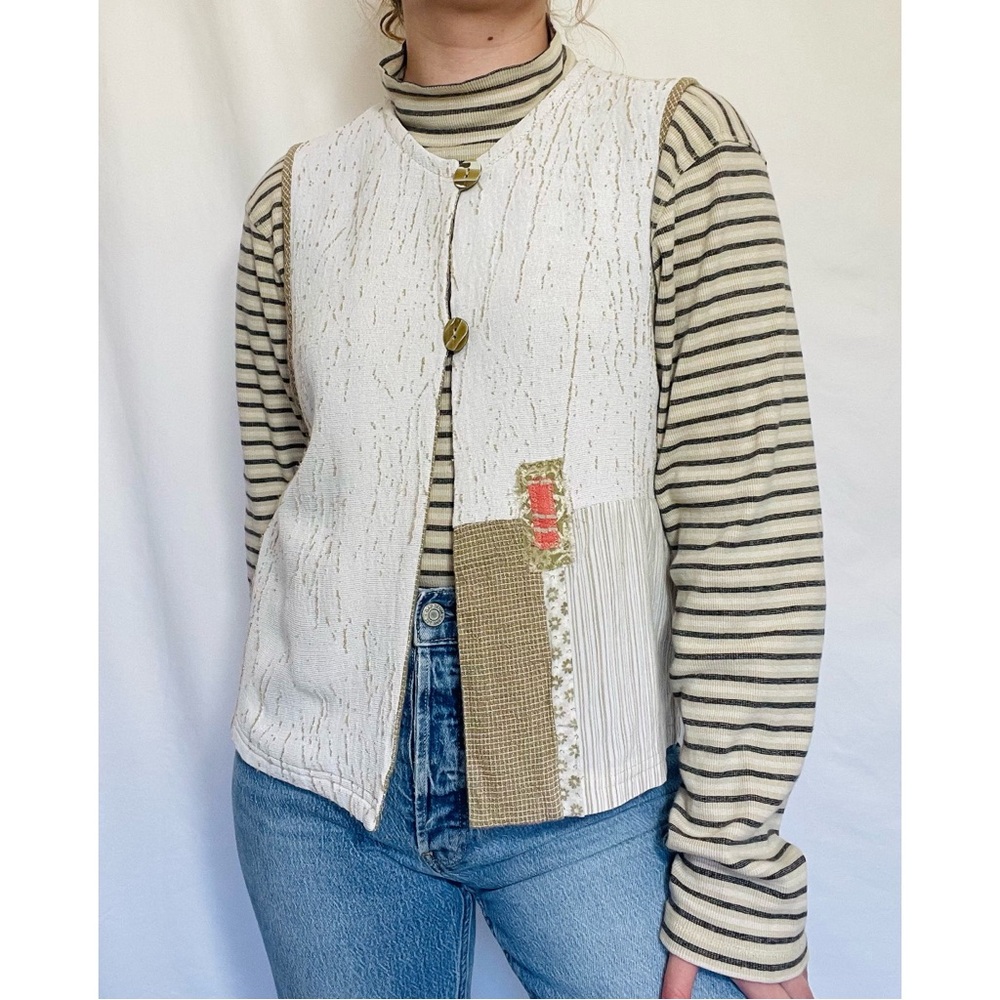 K.d. Spring | 90s Textured Linen Blend Patchwork Style Vest Top - Picture 2 of 8